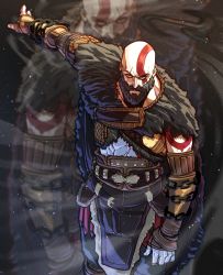 Rule 34 | 1boy, abs, absurdres, arm behind back, armor, bald, beard, bodypaint, chain, cloak, cowboy shot, detached sleeves, facepaint, facial hair, feet out of frame, fur cloak, god of war, highres, kratos (god of war), leather armor, looking at viewer, male focus, muscular, muscular male, outstretched arm, pale skin, scar, scar across eye, solo, thirdphp