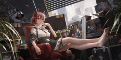 Rule 34 | 1girl, absurdres, arknights, armchair, barefoot, chair, crt, cup, drinking glass, feet, female focus, fiammetta (arknights), flat screen tv, hair between eyes, highres, looking at viewer, medium hair, red eyes, red hair, sitting, soles, solo, television, toes, window blinds, wine glass