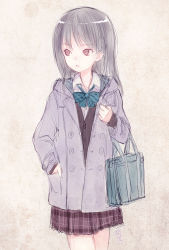 Rule 34 | 1girl, bag, black hair, bow, bowtie, brown eyes, coat, collared shirt, commentary request, cowboy shot, green bow, hand in pocket, kiran (kiranpln), long hair, long sleeves, looking to the side, open clothes, open coat, original, parted lips, plaid, plaid skirt, satchel, school uniform, shirt, sketch, skirt, solo