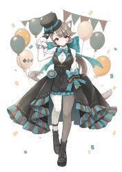 Rule 34 | 1girl, absurdres, animal ears, ankle boots, aqua bow, arm up, asymmetrical legwear, balloon, black dress, black footwear, boots, bow, breasts, cat ears, cat girl, cat tail, closed mouth, commentary, confetti, cross-laced footwear, dress, facial tattoo, frills, full body, genshin impact, grey pantyhose, hat, highres, holding, holding clothes, holding hat, huge bow, juliet sleeves, long sleeves, looking at viewer, lynette (genshin impact), medium breasts, nicholas keiji, pantyhose, puffy sleeves, purple eyes, shirt, simple background, solo, star tattoo, tail, tattoo, top hat, white background, white pantyhose, white shirt