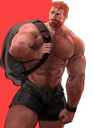 Rule 34 | 1boy, abs, bag, bara, beard, biceps, black eyes, black hair, clenched hand, dopey (dopq), facial hair, highres, large pectorals, looking to the side, male focus, manly, mature male, multicolored hair, muscular, muscular male, nipples, original, pectorals, red hair, short hair, shorts, simple background, smile, solo, thick arms, thick eyebrows, thick thighs, thighs, topless male, wristband