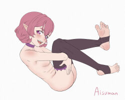 Rule 34 | 1girl, aisuman, artist name, black thighhighs, blush, choker, fangs, feet, female focus, from side, full body, highres, hugging own legs, legs up, looking at viewer, nude, open mouth, original, pink hair, pointy ears, purple choker, purple eyes, short hair, sidelocks, simple background, smile, soles, solo, stirrup legwear, teeth, thighhighs, thighs, toeless legwear, toenails, toes, upper teeth only, vampire, white background