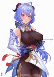 Rule 34 | 1girl, ahoge, artist name, bare shoulders, bell, black gloves, black pantyhose, blue hair, blush, bodystocking, bodysuit, breasts, cameltoe, chinese knot, clothes lift, covered erect nipples, cowboy shot, detached sleeves, flower knot, ganyu (genshin impact), genshin impact, gloves, gold trim, grabbing own breast, groin, highres, horns, large breasts, legs together, long hair, looking at viewer, neck bell, pantyhose, pelvic curtain, pelvic curtain lift, purple eyes, see-through, sidelocks, solo, standing, sweatdrop, tassel, thighlet, thighs, veloaoi, waist cape, white background, white sleeves