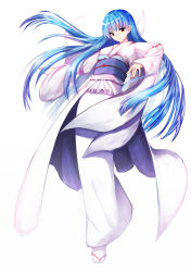 Rule 34 | 1girl, bad id, bad pixiv id, blue hair, breasts, floating hair, frills, full body, haori io, head tilt, highres, japanese clothes, kimono, long hair, long sleeves, looking at viewer, obi, original, outstretched arms, red eyes, sandals, sash, simple background, small breasts, solo, spread arms, standing, tabi, very long hair, white background, wide sleeves, yuki onna