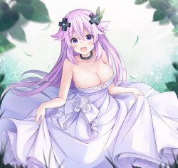Rule 34 | 1girl, adult neptune, artist request, blush, breasts, bursting breasts, cleavage, dress, highres, large breasts, long hair, looking at viewer, neptune (series), open mouth, purple eyes, purple hair, smile, solo, wedding dress