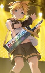 Rule 34 | 1boy, aqua eyes, black shorts, blonde hair, cocolo (co co lo), commentary, cowboy, cowboy western, from below, headphones, highres, holding, holding instrument, indoors, instrument, kagamine len, keytar, looking at viewer, male focus, midriff peek, necktie, short ponytail, shorts, smile, solo, spotlight, standing, vocaloid, western, yellow necktie