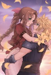 Rule 34 | 1boy, 1girl, aerith gainsborough, armor, arms around neck, arms around waist, bandaged arm, bandages, belt, blonde hair, blue eyes, blue pants, blue shirt, blurry, blurry foreground, braid, braided ponytail, brown belt, brown hair, cloud, cloud strife, cloudy sky, couple, cowboy shot, cropped jacket, dress, earrings, falling petals, final fantasy, final fantasy vii, final fantasy vii remake, flower, gloves, green eyes, hair between eyes, hair ribbon, hetero, highres, holding, holding flower, jacket, jewelry, lenak, lily (flower), long hair, looking at another, multiple belts, outdoors, pants, parted bangs, parted lips, petals, pink dress, pink ribbon, red jacket, ribbon, shirt, short hair, short sleeves, shoulder armor, sidelocks, single earring, sky, sleeveless, sleeveless turtleneck, smile, spiked hair, sunset, suspenders, turtleneck, wavy hair, yellow flower