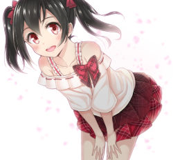 Rule 34 | 10s, 1girl, :d, bare shoulders, black hair, blush, bow, collarbone, frills, guranyto, hair bow, hands on own thighs, layered skirt, leaning forward, looking at viewer, love live!, love live! school idol festival, love live! school idol project, off-shoulder shirt, off shoulder, open mouth, parted lips, plaid, plaid bow, plaid skirt, red bow, red eyes, red skirt, ribbon trim, shirt, short hair, short twintails, skirt, smile, solo, teeth, twintails, yazawa nico