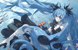 1girl air_bubble aqua_eyes aqua_hair barefoot black_dress blue_eyes blue_hair breasts bubble cleavage clownfish collarbone dress fish floating_hair hair_between_eyes hair_ribbon hatsune_miku highres long_hair pale_skin ribbon rubysour shinkai_shoujo_(vocaloid) sleeveless sleeveless_dress solo twintails underwater very_long_hair vocaloid