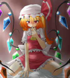 Rule 34 | 1girl, ascot, blonde hair, blush, crystal, female focus, flandre scarlet, goma (gomasamune), hat, hat ribbon, puffy sleeves, red eyes, ribbon, short hair, short sleeves, side ponytail, solo, tongue, touhou, wings