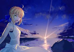 Rule 34 | 1girl, absurdres, ahoge, alternate costume, artoria pendragon (all), artoria pendragon (fate), bare shoulders, blonde hair, blue ribbon, bow, braid, cloud, cowboy shot, dress, er ci gudu, fate/grand order, fate/stay night, fate (series), french braid, green eyes, hair between eyes, highres, looking at viewer, pointing, ribbon, rock, saber (fate), smile, solo, sunset