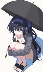 Rule 34 | 1girl, absurdres, ass, bandaid, bikini, black bikini, black hair, blue archive, breasts, collarbone, full body, grey jacket, hair between eyes, headband, highres, holding, holding umbrella, jacket, jewelry, long hair, long sleeves, maria (syake-uni), official alternate costume, open clothes, open jacket, open mouth, pendant, purple eyes, purple headband, sandals, simple background, small breasts, solo, squatting, swimsuit, toes, ui (blue archive), ui (swimsuit) (blue archive), umbrella, white background