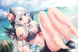 Rule 34 | 1girl, barefoot, bikini, black valkyrie (p&amp;d), blush, braid, breasts, cleavage, cleavage cutout, clothing cutout, dark valkyrie (p&amp;d), feet, food, fruit, hair ornament, large breasts, long hair, looking at viewer, lying, nail polish, on back, panties, partially submerged, puzzle &amp; dragons, red eyes, sarong, shoichi (ekakijin), silver hair, smile, solo, swimsuit, toenail polish, toenails, twin braids, underwear, valkyrie (p&amp;d), water, watermelon, wings