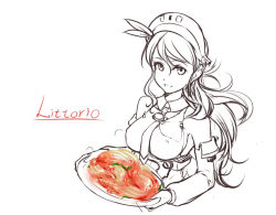 Rule 34 | 10s, 1girl, bare shoulders, character name, corset, detached sleeves, food, hat, kantai collection, littorio (kancolle), long hair, looking at viewer, monochrome, nam (valckiry), necktie, pasta, shrimp, solo, spaghetti, spot color