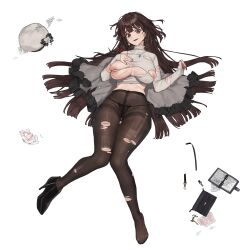 Rule 34 | 1girl, areola slip, bag, belt, beret, black bag, black footwear, black panties, black pantyhose, black ribbon, blue gemstone, breasts, brown hair, capelet, capelet removed, chain, crazy eyes, defeat, dirty, dirty clothes, drawing, earrings, flower, flower earrings, frilled capelet, frills, front-seamed legwear, gem, gold chain, grey capelet, grey sweater, hair in own mouth, hand on own chest, hat, heart, high heels, highres, huge breasts, impossible clothes, impossible sweater, injury, jewelry, knees together feet apart, lace, lace panties, last origin, lingerie, long hair, looking at viewer, lying, messy hair, micro panties, nail polish, necklace, notebook, official alternate costume, official art, on back, panties, panties under pantyhose, pantyhose, purple eyes, purple nails, ribbed sweater, ribbon, rose, scissors, scissors lise, scribble, seamed legwear, see-through, see-through legwear, shoes, shoulder bag, simple background, single earring, single shoe, skindentation, solo, string panties, sweater, tachi-e, torn bag, torn capelet, torn clothes, torn pantyhose, torn paper, torn sweater, transparent background, tunamayo (dsasd751), turtleneck, turtleneck sweater, underwear, unworn bag, unworn headwear, white flower, white hat, white rose
