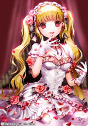 Rule 34 | 1girl, blonde hair, blood, character request, copyright name, dress, esphy, flower, gloves, headdress, long hair, looking at viewer, mystic blood, petals, puffy sleeves, red eyes, rose, short sleeves, smile, solo, twintails, white dress, white gloves, white legwear