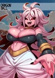 Rule 34 | 1girl, :d, ahoge, android 21, baggy pants, bare shoulders, black nails, black sclera, black sleeves, black tube top, bracelet, breasts, bursting breasts, colored sclera, colored skin, copyright name, detached sleeves, dragon ball, dragon ball fighterz, highres, jewelry, large breasts, majin android 21, navel, open mouth, pants, pink hair, pink skin, pointy ears, red eyes, skindentation, smile, solo, strapless, tail, tongue, tube top, tukiwani, white pants