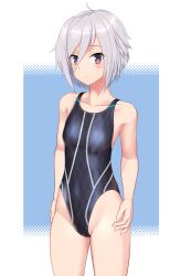 Rule 34 | 1girl, absurdres, ahoge, black one-piece swimsuit, blue background, breasts, commentary request, competition swimsuit, cowboy shot, grey hair, hair between eyes, highres, itomi sayaka, one-piece swimsuit, purple eyes, short hair, small breasts, solo, standing, swimsuit, takafumi, toji no miko, two-tone background, two-tone swimsuit, variant set, yagasuri