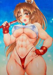 Rule 34 | 1girl, abs, bare shoulders, breasts, brown eyes, brown hair, covered erect nipples, curvy, fatal fury, female focus, fingerless gloves, from above, gloves, gluteal fold, hand fan, highleg, highleg panties, highres, holding, holding fan, large breasts, long hair, looking at viewer, matching hair/eyes, muscular, muscular female, navel, nenju anarogu ninjen, one eye closed, open mouth, panties, ponytail, red gloves, shiranui mai, sleeveless, smile, the king of fighters, thick thighs, thighs, underboob, underwear, wide hips, wink