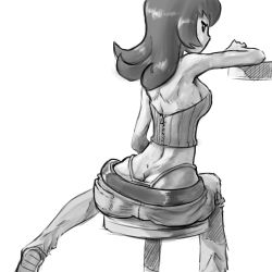 Rule 34 | 1girl, ass, back, bare shoulders, breasts, butt crack, creatures (company), crop top, cutesexyrobutts, from behind, game freak, greyscale, gym leader, highres, monochrome, nintendo, pants, pokemon, pokemon hgss, sabrina (pokemon), sideboob, sitting, solo, thong
