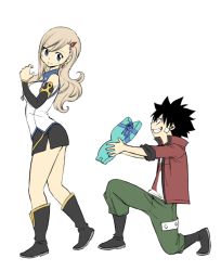 Rule 34 | 1boy, 1girl, bare shoulders, black hair, blonde hair, blue eyes, boots, breasts, cleavage, detached sleeves, eden&#039;s zero, full body, gift, hair ornament, hairclip, jacket, kneeling, large breasts, mashima hiro, medium hair, miniskirt, official art, open clothes, open jacket, pants, rebecca bluegarden, shiki granbell, shirt, simple background, skirt, smile, standing