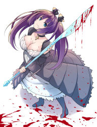 Rule 34 | 1girl, black choker, black dress, black footwear, black ribbon, blood, blood on clothes, boots, choker, closed mouth, commentary request, creek (moon-sky), cross, cross choker, dress, full body, fur-trimmed sleeves, fur trim, green eyes, hair between eyes, hair ribbon, highres, holding, long hair, long sleeves, looking at viewer, original, oversized object, purple hair, ribbon, smile, solo, standing, twintails, white background, white dress