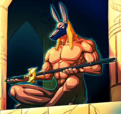 Rule 34 | 1boy, abs, animal ears, anubis (stand), c-7 (assate), collarbone, glowing, holding, holding sword, holding weapon, indian style, jojo no kimyou na bouken, male focus, muscular, nude, sitting, snout, solo, stand (jojo), sword, weapon