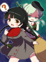 Rule 34 | 2girls, ?, apron, bamboo, black hair, black headwear, blue background, blush, bow, braid, breasts, buttons, capelet, commentary request, crystal, dress, flying, frills, green background, green dress, green eyes, green hair, grey dress, hair bow, hand up, hands up, hat, highres, jewelry, leaf, long hair, long sleeves, looking at another, looking back, medium breasts, multicolored background, multiple girls, no headwear, open mouth, orange eyes, puffy short sleeves, puffy sleeves, purple background, red bow, red capelet, rekishitai hoonoji, shaded face, short hair, short hair with long locks, short sleeves, smile, standing, teeth, teireida mai, tongue, touhou, twin braids, white apron, white bow, yatadera narumi, yellow headwear