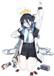 Rule 34 | absurdres, aqua eyes, aqua necktie, aris (blue archive), arm up, bad link, bare legs, black hair, black skirt, blue archive, blue eyes, blue halo, blue necktie, bow, crying, excited, figure, hair between eyes, hair bow, halo, hand up, highres, jacket, legs folded, long hair, midori (blue archive), momoi (blue archive), multicolored clothes, multicolored jacket, necktie, nendoroid, on floor, open mouth, pleated skirt, sh (shinh), shirt, side ponytail, skirt, tagme, v, white background, white shirt