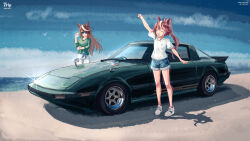 Rule 34 | 2girls, absurdres, animal ears, beach, blue shorts, blue sky, brown hair, car, character request, closed eyes, cloud, day, denim, denim shorts, green shirt, highres, horse ears, horse girl, horse tail, long hair, mazda, mazda rx-7, motor vehicle, multicolored hair, multiple girls, outdoors, outstretched arm, pants, ponytail, run rotary, shirt, shorts, sky, standing, sunglasses, tail, umamusume, water, white footwear, white hair, white pants, white shirt