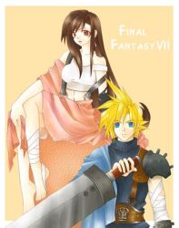 Rule 34 | 1990s (style), 1st product, bandages, cloud strife, couple, final fantasy, final fantasy vii, lowres, retro artstyle, strap slip, sword, tifa lockhart, weapon