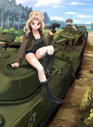 Rule 34 | 10s, 2girls, absurdres, alisa (girls und panzer), arm support, bad id, bad pixiv id, binoculars, blonde hair, blush, boots, breasts, brown hair, cleavage, cloud, day, emblem, girls und panzer, grey eyes, grin, hatch, highres, hill, jacket, kay (girls und panzer), large breasts, long hair, looking at viewer, m4 sherman, military, military vehicle, motor vehicle, multiple girls, on vehicle, patch, path, road, sherman firefly, short hair, short shorts, short twintails, shorts, shoulder patch, sitting, sky, smile, tank, thighhighs, tree, twintails, uniform, white legwear, yewang19