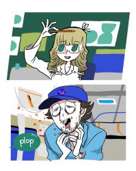 Rule 34 | 1boy, 1girl, arm up, bag, bags under eyes, baseball cap, beard, bernadette rostenkowski-wolowitz, blonde hair, bloodshot eyes, blue eyes, blue headwear, blue shirt, blunt bangs, breasts, cleavage, collared shirt, commentary, constricted pupils, drooling, facial hair, flipped hair, furrowed brow, glasses, green eyes, hair ribbon, hands up, hat, heart, highres, howard wolowitz, imagining, jewelry, kipper goodbreakfast, long hair, looking at object, medium breasts, mouth drool, mustache, nasa logo, necklace, open mouth, pen, pencil, pencil case, plastic bag, print headwear, ribbon, ring, ringlets, shirt, smile, sparkle, spoken sound effect, sweat, symbol-only commentary, the big bang theory, very sweaty, watch, wedding ring, white shirt, wristwatch