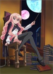 Rule 34 | 00s, 1girl, black cape, black footwear, black thighhighs, bolo tie, book, cape, chain, chair, female focus, flat chest, foreshortening, full body, full moon, hair between eyes, holding, indoors, light smile, long hair, long legs, looking at viewer, louise francoise le blanc de la valliere, lowres, mary janes, matching hair/eyes, miniskirt, moon, night, night sky, official art, outstretched arm, pentacle, pink eyes, pink hair, pleated skirt, school uniform, shirt, shoes, sidelocks, sitting, skirt, sky, smile, solo, thighhighs, usatsuka eiji, very long hair, wand, wavy hair, window, zero no tsukaima, zettai ryouiki