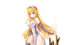 Rule 34 | 1girl, bare shoulders, blonde hair, breasts, cleavage, closed mouth, cowboy shot, dot nose, dress, elbow gloves, fingerless gloves, game cg, gem, gloves, gnoim (master of eternity), grey thighhighs, hairband, heterochromia, long hair, master of eternity, medium breasts, metal bracelet, multiple swords, non-web source, official art, pelvic curtain, purple eyes, red eyes, red gemstone, sideboob, simple background, solo, straight hair, strapless, strapless dress, thighhighs, transparent background, white dress, white hairband