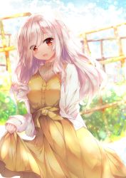Rule 34 | 1girl, :d, absurdres, blurry, blurry background, blush, breasts, brown dress, commentary request, day, depth of field, dress, eyes visible through hair, fuuna, hair over one eye, highres, jacket, long hair, long sleeves, looking at viewer, moe2020, open clothes, open jacket, open mouth, original, outdoors, pleated dress, red eyes, skirt hold, sleeves past wrists, small breasts, smile, solo, white hair, white jacket