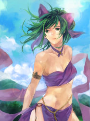 Rule 34 | 1girl, bare shoulders, belly chain, bow, breasts, chain, choker, cleavage, cloud, day, fire emblem, fire emblem: genealogy of the holy war, green eyes, green hair, hair bow, harem outfit, hill, jewelry, kaito (sawayakasawaday), lene (fire emblem), light rays, matching hair/eyes, midriff, nature, nintendo, ponytail, scenery, sky, solo, sun, sunbeam, sunlight