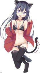 Rule 34 | 1girl, akatsuki (kancolle), animal ears, black bra, black hair, black hairband, black panties, black thighhighs, blue eyes, blush, bra, breasts, cardigan, cat ears, cat tail, cleavage, collarbone, fake animal ears, floating hair, hair between eyes, hairband, head tilt, highres, kantai collection, lineflo, long hair, looking at viewer, midriff, navel, open cardigan, open clothes, open mouth, panties, red ribbon, red sweater, ribbon, sideboob, simple background, small breasts, solo, standing, stomach, sweater, tail, tail ornament, tail ribbon, thighhighs, underwear, very long hair, white background