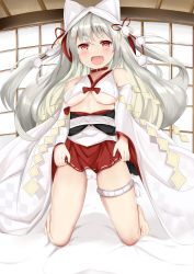 Rule 34 | 1girl, absurdres, azur lane, bare shoulders, barefoot, blush, breasts, bride, cameltoe, clothes lift, collar, commentary, detached sleeves, dress, fang, futon, gluteal fold, heart, heart-shaped pupils, highres, hood, indoors, japanese clothes, kneeling, lifting own clothes, long hair, looking at viewer, medium breasts, open mouth, panties, pantyshot, pleated skirt, red collar, red eyes, red skirt, sabamiso (tomomon021831), skirt, skirt lift, sliding doors, smile, solo, symbol-shaped pupils, thick eyebrows, underboob, underwear, wedding dress, white hair, white panties, wide sleeves, yuudachi (azur lane), yuudachi (the bride of solomon) (azur lane)