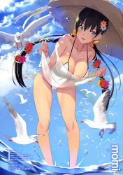 Rule 34 | 1girl, :d, absurdres, artist name, bare shoulders, bikini, bird, black hair, blue sky, blush, breasts, brown hat, cleavage, clothes lift, cloud, day, dress, dress lift, e 2, fingernails, flower, grey eyes, groin, hair between eyes, hair flower, hair ornament, halterneck, hat, highres, holding, holding clothes, large breasts, leaf hair ornament, long fingernails, long hair, looking at viewer, low twintails, magazine scan, momi, nail polish, ocean, official art, one-piece swimsuit, open mouth, original, outdoors, purple nails, rainbow, scan, seagull, see-through, sky, smile, soaking feet, solo, splashing, standing, sun hat, swimsuit, translation request, twintails, twitter username, wading, water, watermark, web address, white one-piece swimsuit, white wrist cuffs, wrist cuffs
