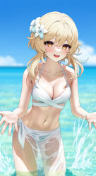 Rule 34 | 1girl, :d, absurdres, bikini, blonde hair, blue sky, blush, breasts, cleavage, cowboy shot, dot nose, feather hair ornament, feathers, flower, genshin impact, hair flower, hair ornament, highres, kohanayuki, leaning forward, looking at viewer, lumine (genshin impact), medium breasts, navel, open mouth, sarong, see-through, short hair with long locks, side-tie skirt, sidelocks, skirt, sky, smile, solo, splashing, stomach, swimsuit, teeth, thighs, wading, water, wet, wet clothes, wet skirt, white bikini, white flower, yellow eyes