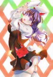 Rule 34 | 1girl, absurdres, animal ears, arched back, arms up, ass, bag, black dress, breasts, commentary request, dress, fake tail, handbag, highres, large breasts, long hair, long sleeves, looking at viewer, marker (medium), open mouth, purple hair, rabbit ears, red eyes, reisen udongein inaba, rozarin, shirt, solo, standing, tail, thighhighs, touhou, traditional media, white shirt, wind, wind lift