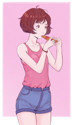 Rule 34 | 1girl, border, brown eyes, brown hair, camisole, cheshirrr, closed mouth, cowboy shot, eating, food, highres, holding, holding food, holding pizza, original, pink background, pizza, pizza slice, short hair, short shorts, shorts, solo, standing, white border, wristband