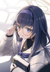 Rule 34 | 1girl, adjusting eyewear, black hair, blue archive, blue eyes, blush, book, commentary request, glasses, hair ornament, halo, headband, highres, jewelry, long hair, looking at viewer, necklace, school uniform, simple background, solo, ui (blue archive), white background, xaiqi