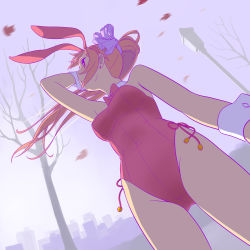 Rule 34 | 1girl, animal ears, arm up, bow, bowtie, brown hair, detached collar, earrings, fake animal ears, floating hair, from below, fukusuke hachi-gou, highres, jewelry, leotard, long hair, original, outdoors, playboy bunny, ponytail, rabbit ears, red eyes, solo, standing, wrist cuffs