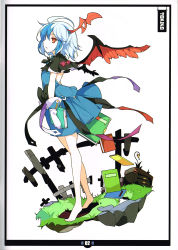Rule 34 | 1girl, absurdres, adapted costume, alternate costume, barefoot, blue hair, book, bow, capelet, character name, full body, gloves, head wings, highres, horns, ideolo, looking at viewer, multicolored hair, parted lips, profile, red eyes, ribbon, scan, shirt, short hair, simple background, skirt, skirt set, solo, tokiko (touhou), touhou, two-tone hair, vest, white background, wings