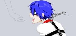 Rule 34 | 1boy, animal collar, bags under eyes, bdsm, blue eyes, blue hair, bondage, bound, broken, broken chain, chain, collar, crazy smile, drooling, from side, grey background, kaito (vocaloid), messy hair, open mouth, saliva, shaded face, sharp teeth, short hair, simple background, sleeves past wrists, slit pupils, small pupils, smile, straitjacket, teeth, vocaloid