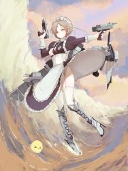 Rule 34 | 1girl, absurdres, apron, areola slip, arescr, armored boots, azur lane, blush, boots, braid, closed mouth, cloud, cloudy sky, commentary, corset, english commentary, expressionless, french braid, full body, garter belt, garter straps, gun, high heel boots, high heels, highres, holding, holding gun, holding weapon, juliet sleeves, long skirt, long sleeves, looking at viewer, maid, maid headdress, manjuu (azur lane), no panties, ocean, outdoors, platinum blonde hair, puffy sleeves, rigging, sheffield (azur lane), short hair, signature, skirt, skirt flip, sky, solo, thighhighs, torn clothes, twitter username, waist apron, waves, weapon, white thighhighs, yellow eyes