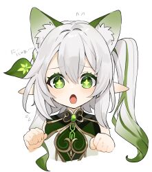 Rule 34 | + +, 1girl, :o, animal ear fluff, animal ears, blush, bow, cat ears, clenched hands, cropped torso, fang, flying sweatdrops, genshin impact, gold trim, gotou (nekocat), green bow, green eyes, hair between eyes, kemonomimi mode, long hair, looking at viewer, multicolored hair, nahida (genshin impact), one side up, open mouth, paw pose, pointy ears, simple background, solo, streaked hair, white background