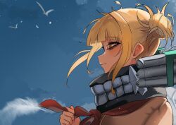Rule 34 | 1girl, bird, blonde hair, blue sky, boku no hero academia, cardigan, closed mouth, double bun, from side, hair bun, light blush, mask, messy hair, neckerchief, outdoors, red neckerchief, sidelocks, sky, slit pupils, smile, solo, tearing up, tears, toga himiko, yellow cardigan, yellow eyes, zd (pixiv6210083)